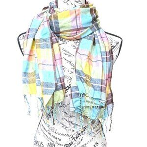 Romano Soft Multicolor Plaid Scarf Shawl Wrap Lightweight Fringe Edge Pink Blue
